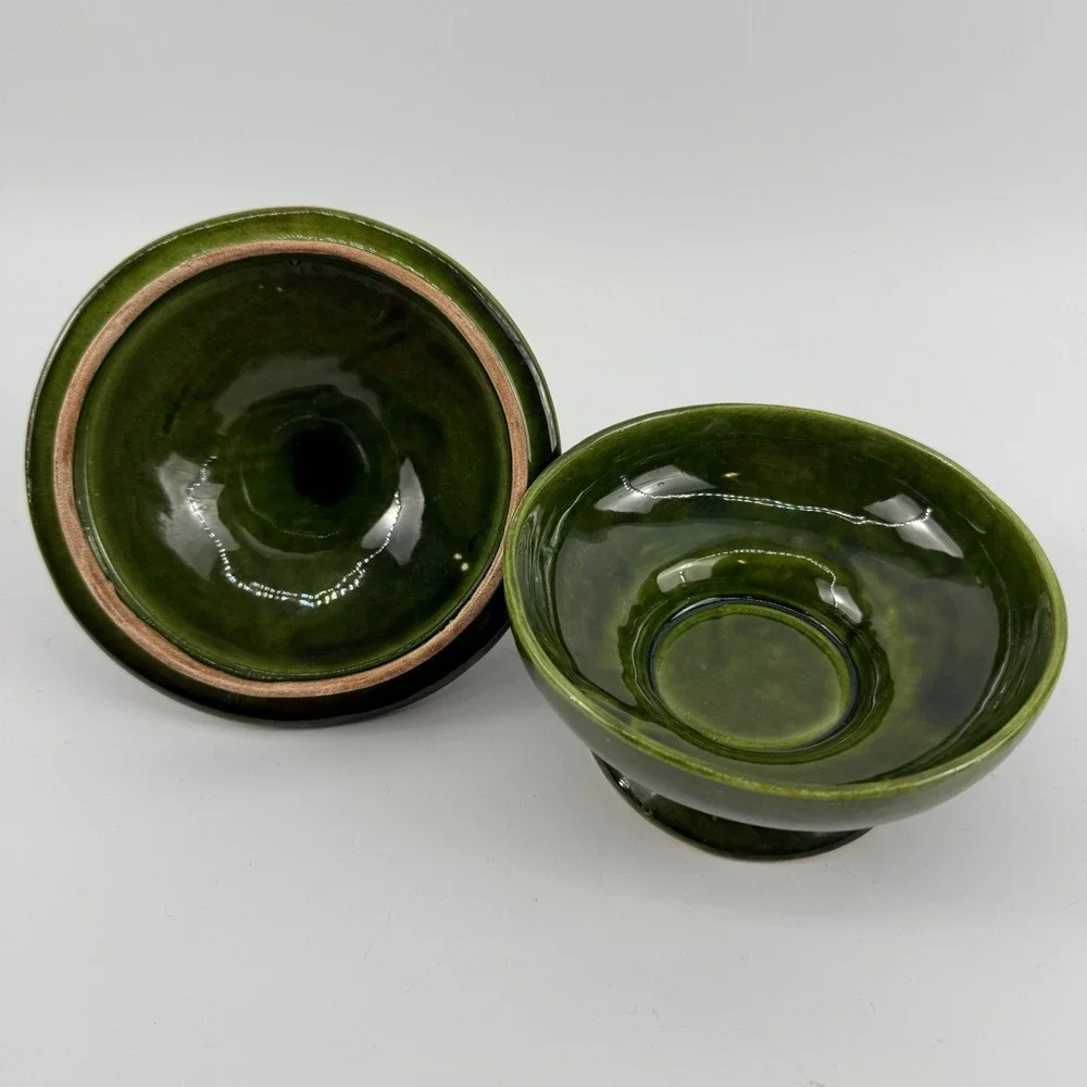 DeForest of California Green Drip Glaze Covered Pedestal Candy Dish w Lid